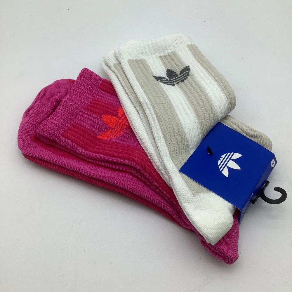 Adidas Originals Striped Crew Socks 2 Pack Pink White Trefoil JW2987 Mens Size L